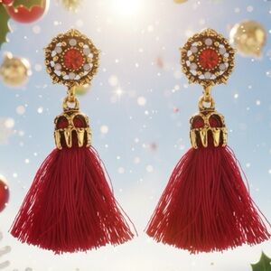 Gold & Red Tassel Post Earrings